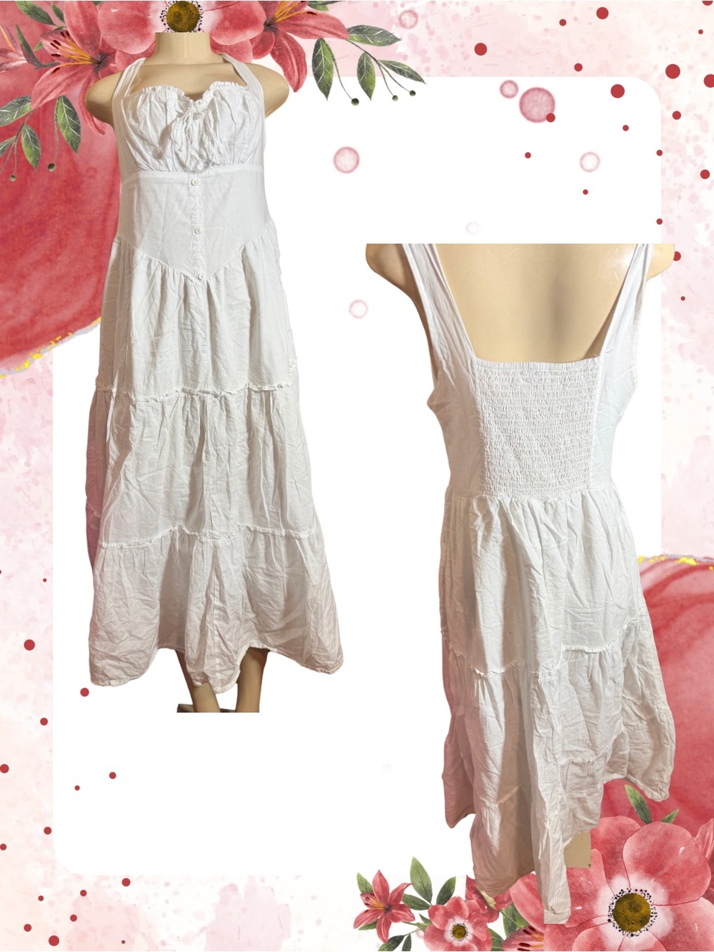Bershka White Tiered Maxi Dress with Smocked Back